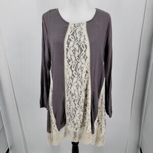 Indigo Soul Tunic Top Ruffle Womens XL Lace Layered Lined Grey Cream Boho
